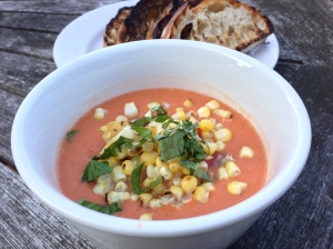 This creamy gazpacho with grilled corn is amazing